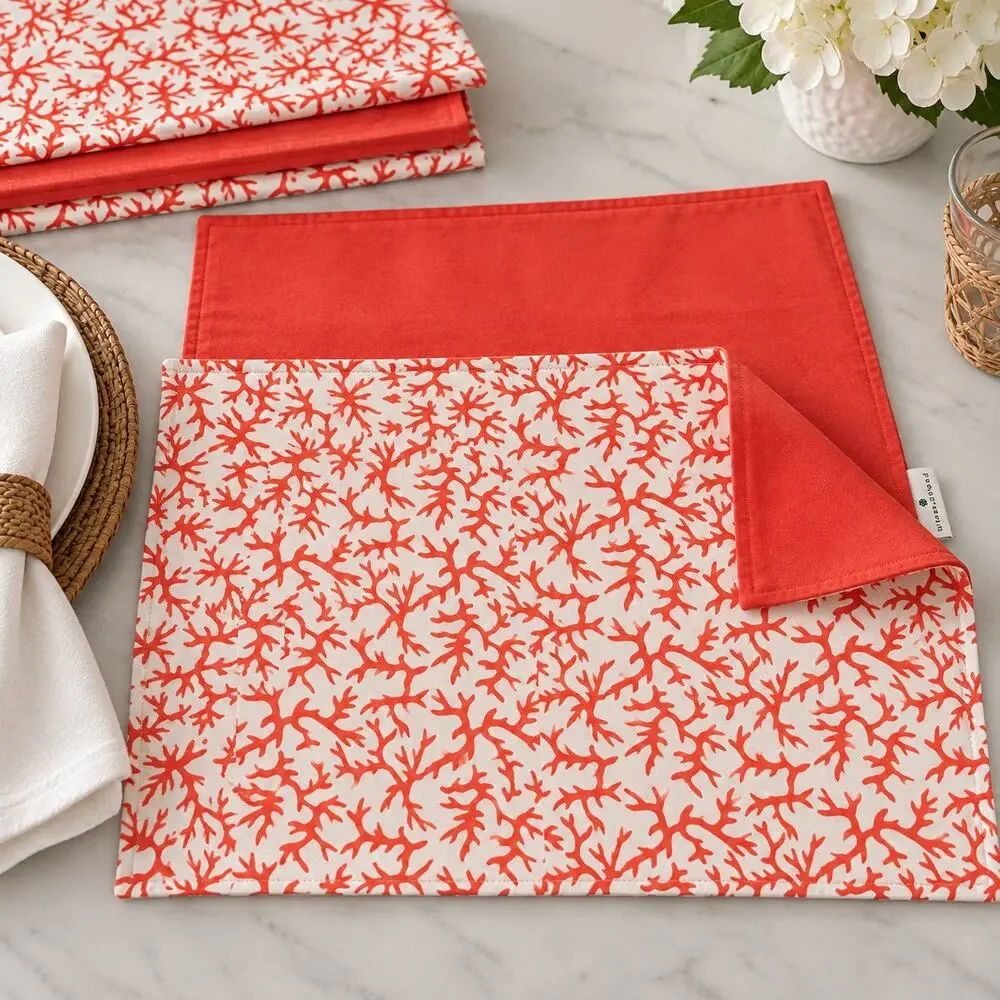 NWT Pomegranate Reversible Coral Orange Placemats Set 4 Coastal 13x19